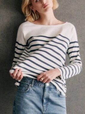 Sezane Noan Mariniere Blue Striped Cotton Shirt XXS
